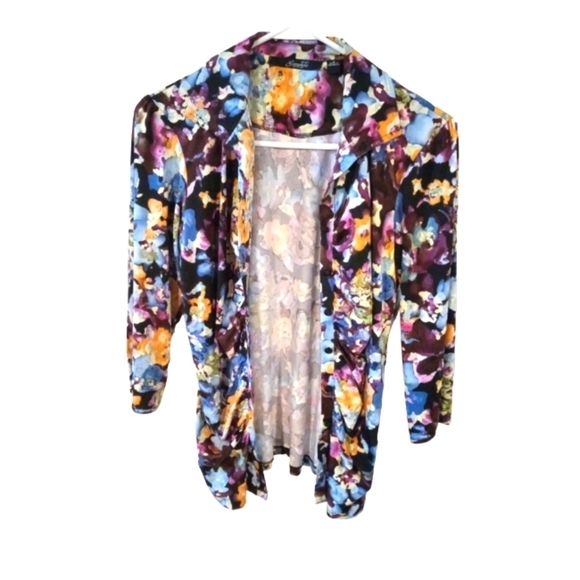 Multicolor Splatter Blouse Essentials by Milano Ruched Chest Tapered Romantic S - Picture 3 of 8